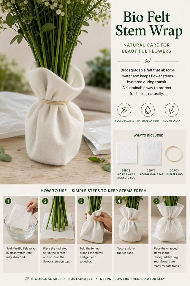 FLOWER FLOWERS FLORIST FLORISTS FELT FELTS FOAM FOAMS FLORAL FLORALS BIO BIOS BIODEGRADABLE BIODEGRADABLES WRAP WRAPS BAG BAGS STEM STEMS